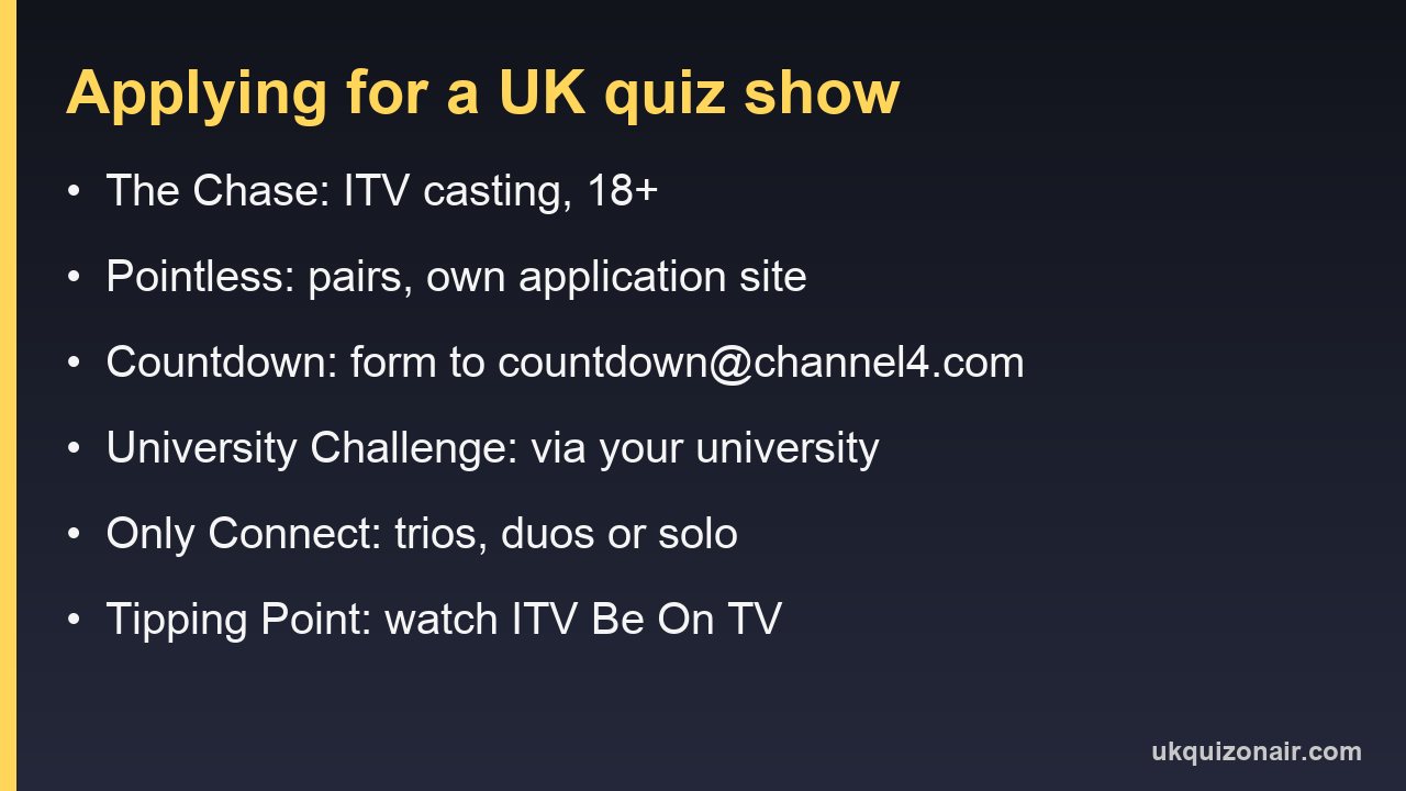 Card listing how to apply for The Chase, Pointless, Countdown, University Challenge, Only Connect and Tipping Point