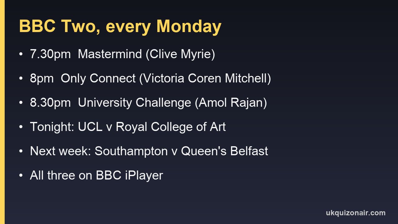 Information card listing BBC Two's Monday quiz block