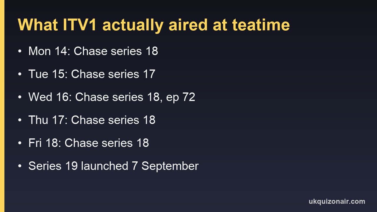 Card listing the series number ITV1 aired for The Chase on each day of the week