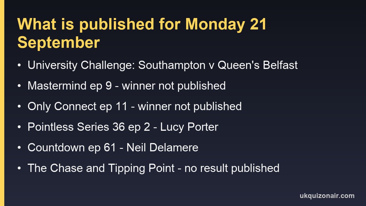 Card listing what the broadcasters published for each UK quiz on Monday 21 September 2026