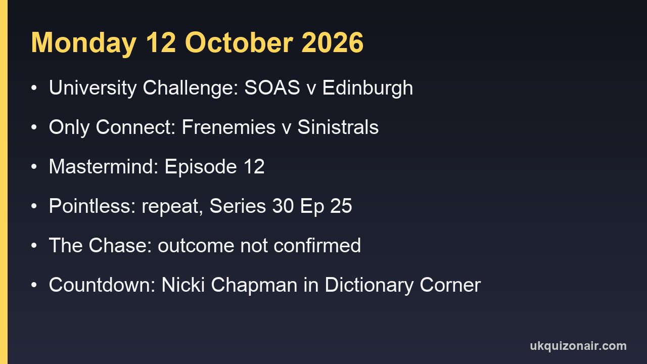Card listing what the broadcasters published for each UK quiz on Monday 12 October 2026