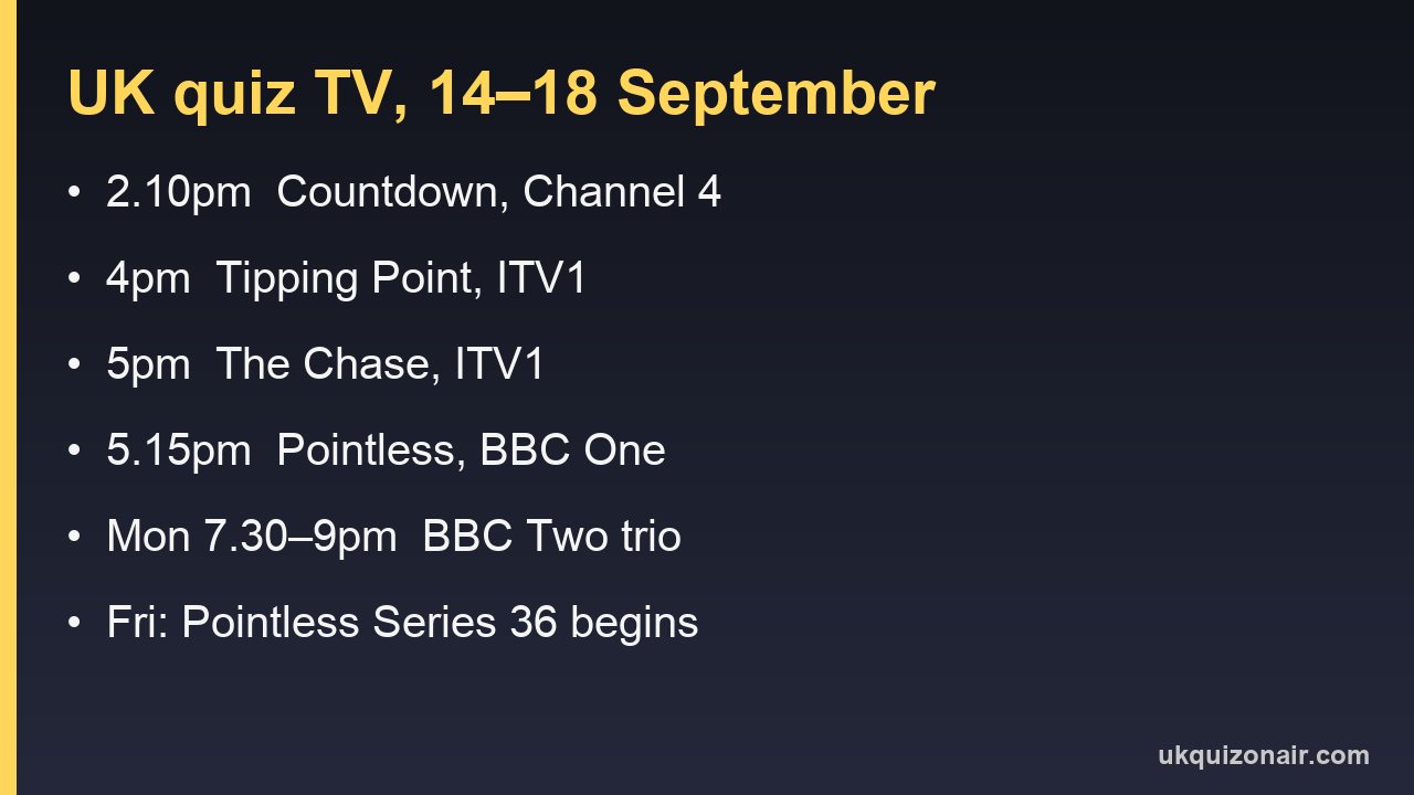Information card listing daily UK quiz show times for 14 to 18 September