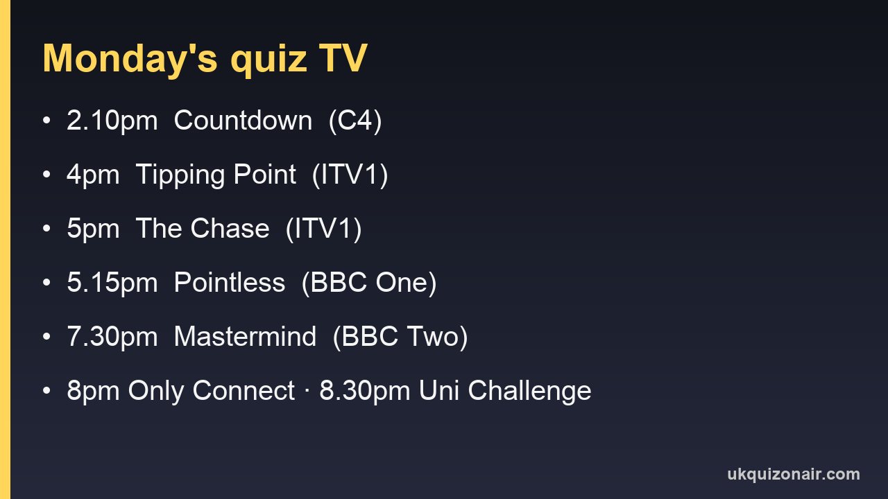 Information card listing Monday's UK quiz TV times