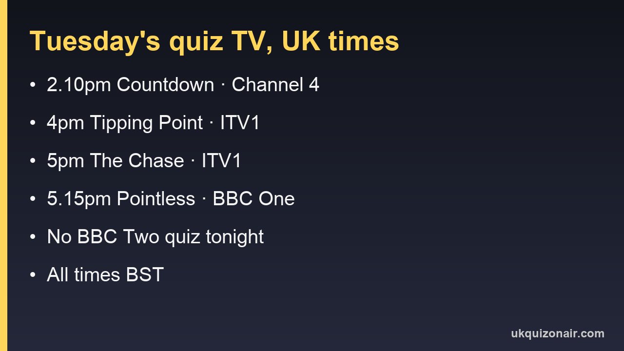 Information card listing Tuesday's UK quiz TV times