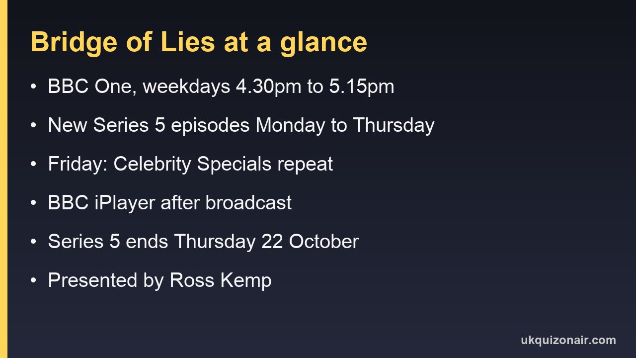 Card listing the Bridge of Lies slot on BBC One, the new-episode days, the Friday repeat, iPlayer availability and the host