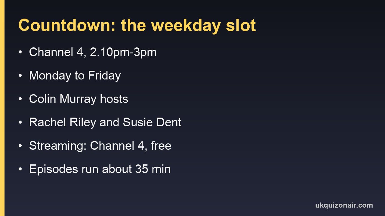 Card listing Countdown's Channel 4 slot, weekday pattern, presenters and streaming runtime