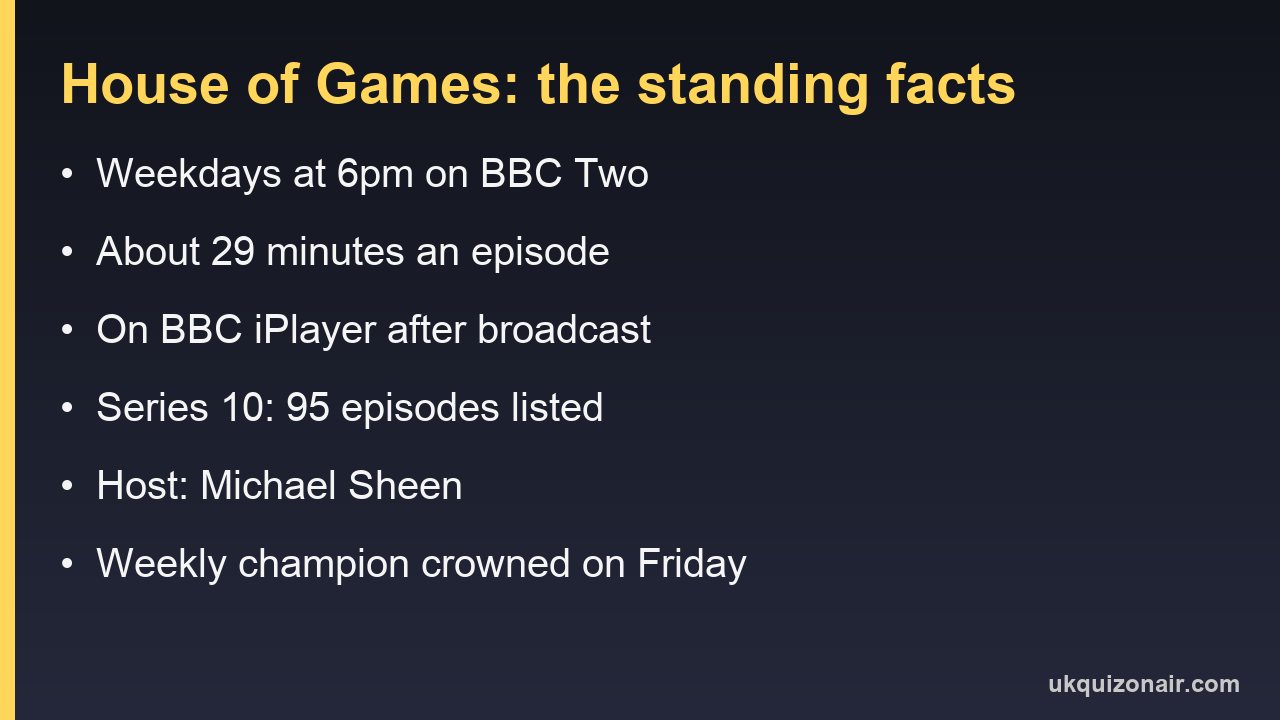 Card listing House of Games' BBC Two weekday slot, running time, iPlayer availability, episode count and host
