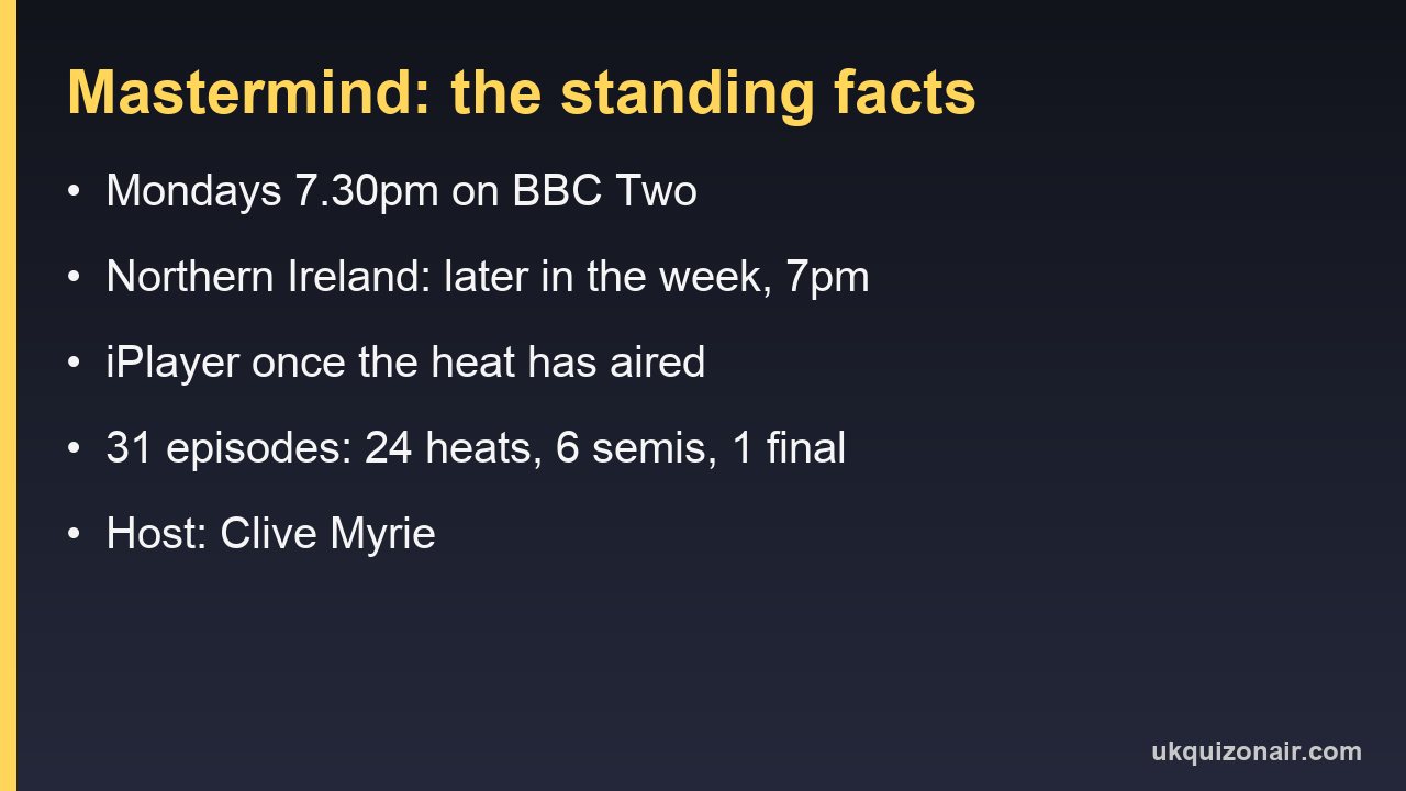 Card listing Mastermind's BBC Two slot, Northern Ireland timing, iPlayer availability, episode count and host