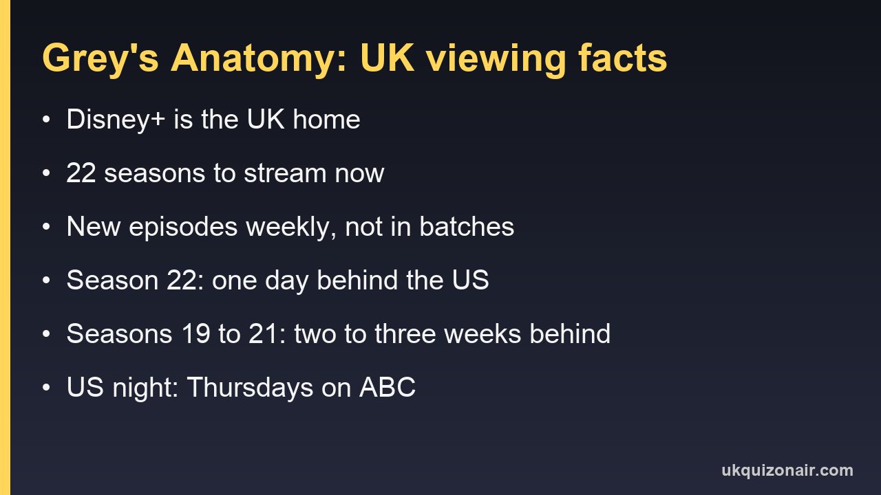 Information card: Grey's Anatomy is on Disney+ in the UK with 22 seasons to stream, new episodes weekly, and season 22 arrived one day after the US