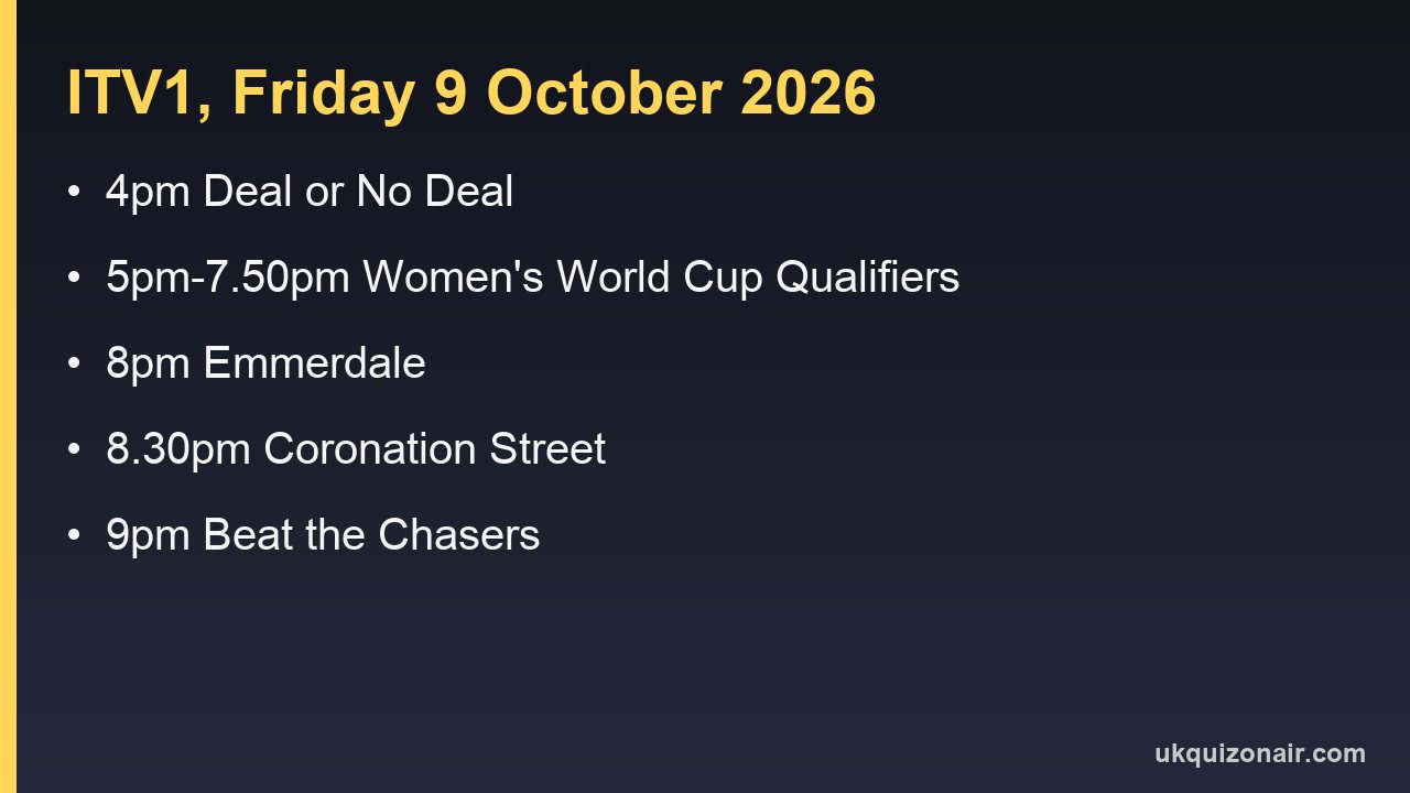 Information card listing ITV1 on Friday 9 October 2026: Deal or No Deal at 4pm, Women's World Cup Qualifiers from 5pm to 7.50pm, Emmerdale at 8pm, Coronation Street at 8.30pm and Beat the Chasers at 9pm